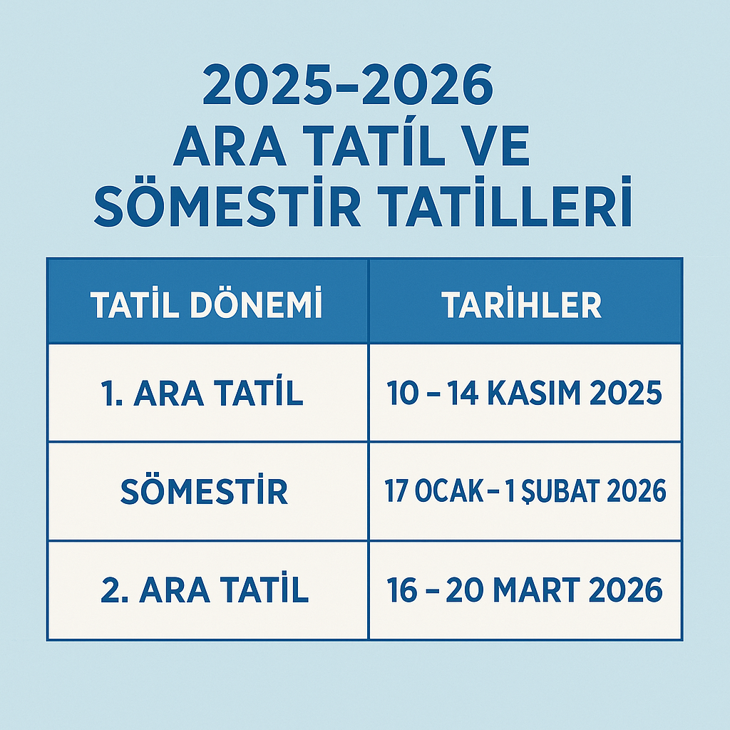 2025-2026 Eğitim Öğretim Yılı Ara Tatil Tarihleri